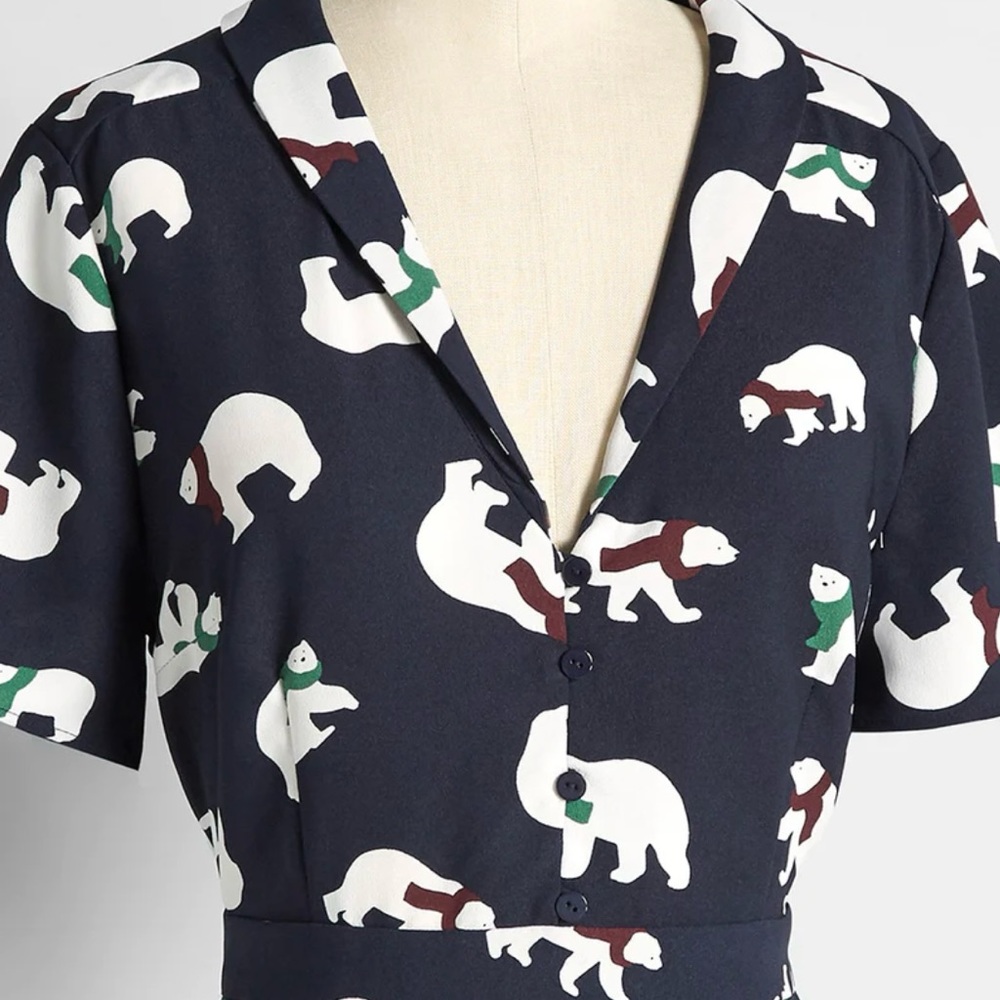 MODCLOTH SUSAN BEE ANTHONY POLAR BEAR NAVY BLUE FIT & FLARE POCKETS DRESS 16 NEW